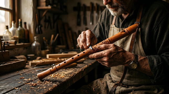 A skilled artisan carefully crafting a traditional wooden flute inside a rustic workshop with natural window light illumination