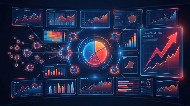 Futuristic Interface with Charts, Graphs, and a Growth 3D data visualization dashboard glowing