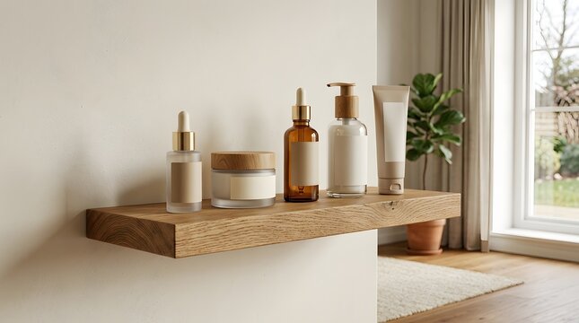 Minimalist luxury skincare mockup display on wooden tray with natural decor and soft lighting