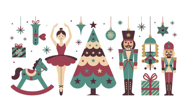 Christmas Holiday Collection, Festive Tree Ornaments Nutcracker Ballerina and Gifts Vector Illustration Set for Seasonal Design