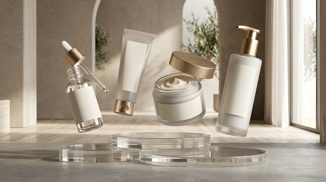 Minimalist luxury skincare set with pump bottles and jar on marble bathroom shelf mockup