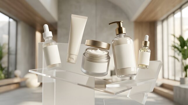 Minimalist luxury skincare set mockup on marble shelf with natural light and modern decor