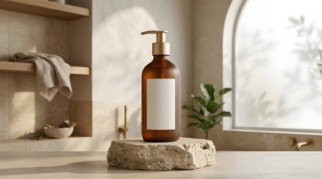 Minimalist luxury shampoo bottle mockup on wooden bathroom shelf with natural decor