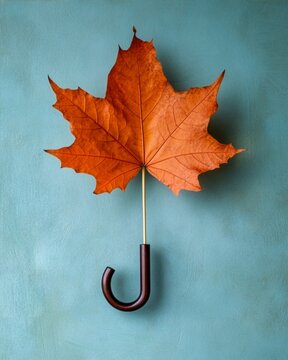 Autumn maple leaf transformed into umbrella on textured blue background