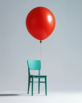 Red balloon tethered to turquoise chair representing ambition and freedom