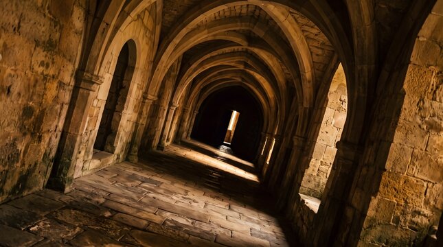 Gothic stone corridor with vaulted arches, ancient monastery hallway with dramatic shadows, medieval cathedral interior architecture
