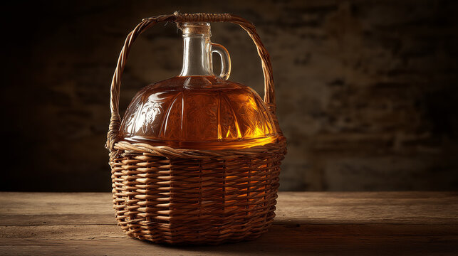 Big glass demijohn placed on weathered wooden table, household wine storage aesthetic