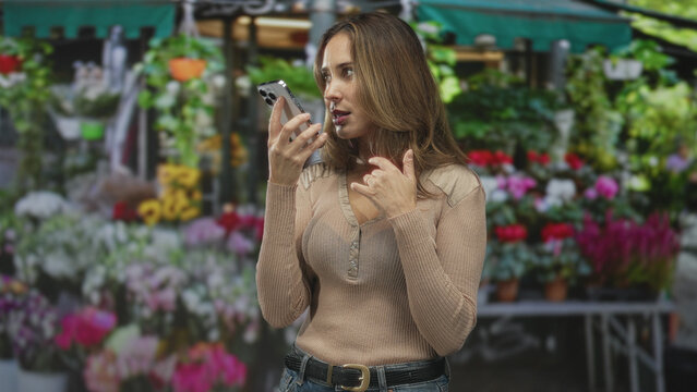 Woman speaking into smartphone, holding phone close to mouth with hand raised in a questioning gesture at a street flower market; concern communication request.