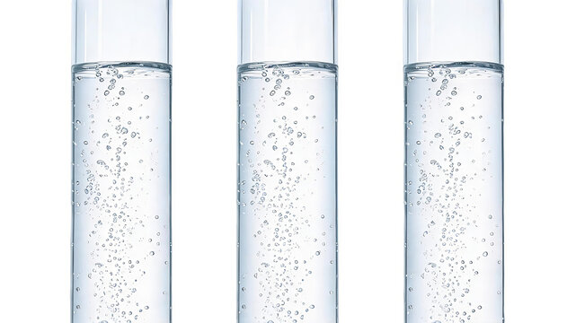Three transparent glass tubes with liquid and rising bubbles
