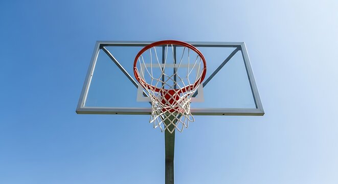 Low Angle View of a Basketball Hoop with Red Rim and White Net Against a Clear Blue Sky Background
