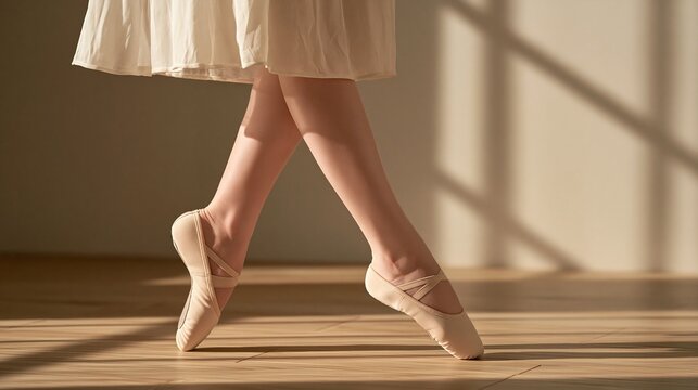 Close view of ballerina feet walking on wooden dance floor in soft beige ballet shoes with flowing light skirt and warm directional light from window