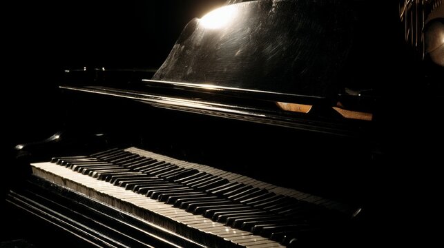 Black grand piano in dim lighting with polished keys and reflective surface, offering a dramatic atmosphere for music lovers and artistic projects