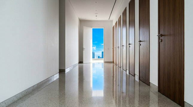 Modern Hallway with Open Door Leading to City View