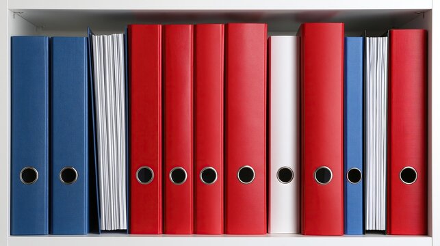Neatly arranged office ring binders in red blue and white colors organized on white office shelf showing clean organized document storage concept