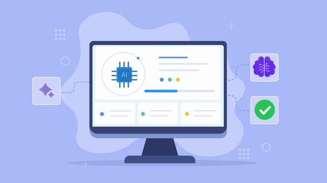Modern flat vector animation of a desktop monitor displaying an AI dashboard with a digital chip, brain, sparkle, and confirmation icons for artificial intelligence concepts.