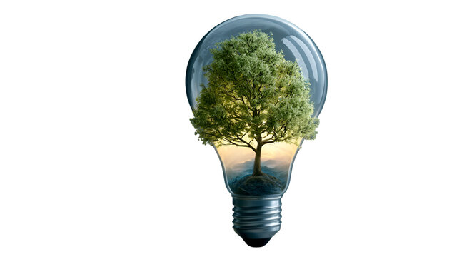 Glowing lightbulb shape contains lush green tree and tranquil water, symbolizing sustainable energy and environmental innovation, perfect for eco-conscious concept visuals