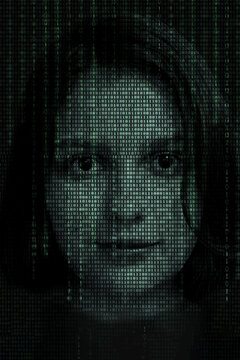 Female face with matrix digital numbers artifical intelligence AI theme with human face. The concept of artificial intelligence