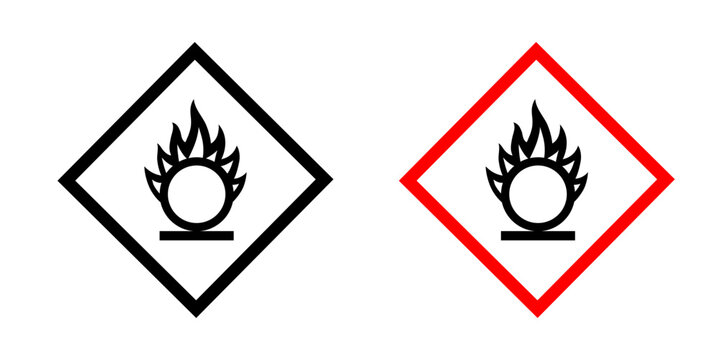 Oxidizer hazard pictogram set with GHS flame over circle symbols in solid and red diamonds. Oxidizing agent warning signs for chemical safety label, OSHA and hazard communication