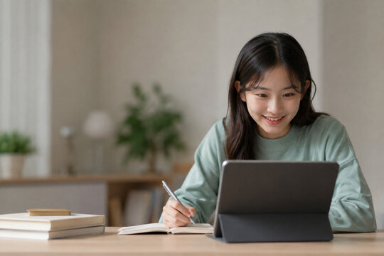 AI generated student receiving personalized learning feedback while studying tablet notebook bright modern workspace clean copy space