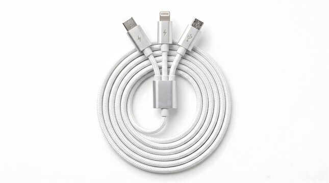 Clean overhead studio shot of a white coiled multi-charger cable with multiple connectors on a bright background, an essential accessory for modern devices.