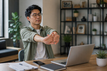 Fototapeta premium AI generated freelancer stretching hands after long hours of typing at laptop showing workplace wellness fatigue prevention healthy breaks remote work routine