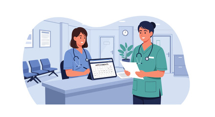Fototapeta premium Medical Receptionist and Nurse Reviewing Appointments Schedule in Clinic Setting