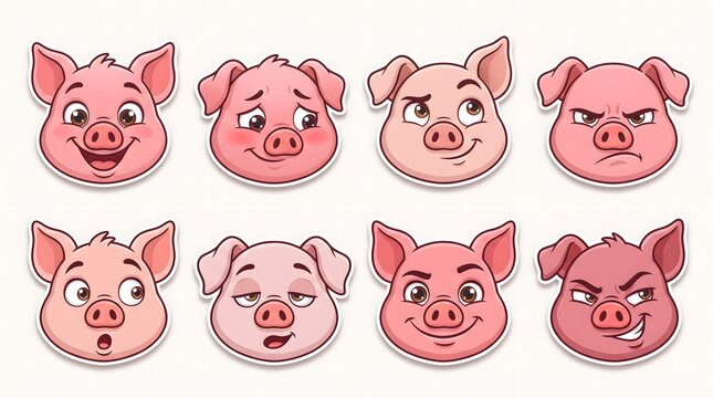 Cartoon pig face collection with different cute facial expressions