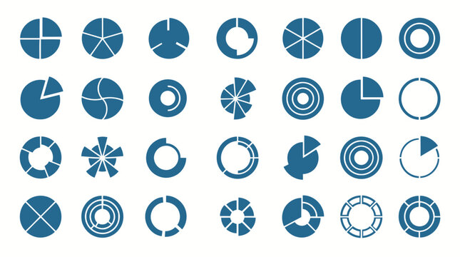 Comprehensive collection of circular pie charts and progress ring icons for data display.