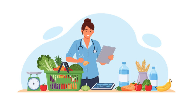 A smiling dietitian with a stethoscope examines food on a tablet amidst a colorful array of fresh produce and healthy groceries.