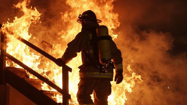 Firefighter silhouette in protective gear holding hose near ladder during intense building fire, with towering flames, heavy smoke, glowing embers, and urgent