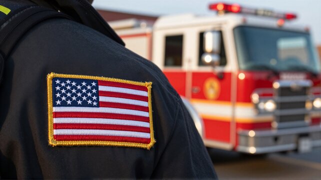 Close-up of firefighter uniform with American flag patch and fire truck in blurred background during emergency response