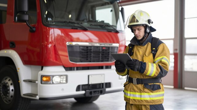 Firefighter in yellow protective gear checking tablet beside red fire truck inside bright station bay, wearing helmet with clear visor, gloves