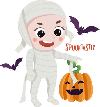 Cute Halloween illustration of a smiling mummy child holding a carved pumpkin with flying bats. Great for cards, posters, invitations, and social media.