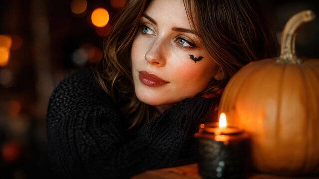 Young woman beside an orange pumpkin and glowing candle, wearing a bat cheek decoration in a moody Halloween portrait with warm autumn style