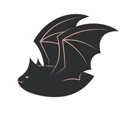 Halloween black bat flying sideways with wings swept back on white background. Cartoon vampire bat silhouette in dynamic side view pose with rose gold accent and fang. Flat vector illustration.