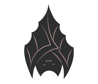 Halloween black bat hanging upside down with folded wings on white background. Cute sleeping cartoon vampire bat silhouette with rose gold accent. Flat vector illustration.