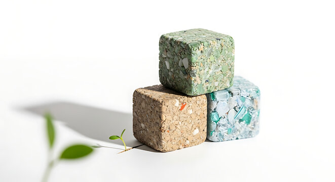 Stacked grey concrete blocks with green plant