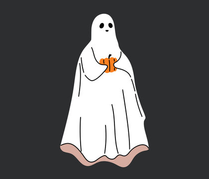 Halloween cute white ghost holding orange pumpkin with gentle smile on dark background. Spooky cartoon ghost character hugging pumpkin with rose gold accent. Flat vector illustration.