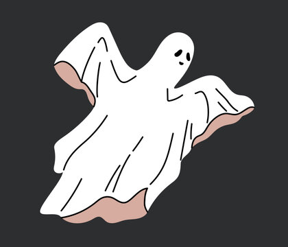 Halloween cute white ghost flying diagonally with draped sheet and surprised face on dark background. Spooky cartoon ghost character in dynamic pose with rose gold accent. Flat vector illustration.