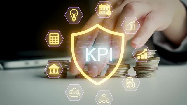 A person is tracking key performance indicators by using a digital display while coins are stacked in front. This scene shows activity related to finance and business.