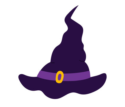Dark purple witch hat with curled twisted tip, wavy brim and gold buckle band. Flat vector illustration