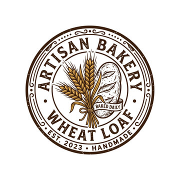 Vintage artisan bakery wheat loaf circular logo