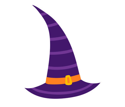 Purple striped witch hat with curved tip and orange yellow buckle band. Flat vector illustration