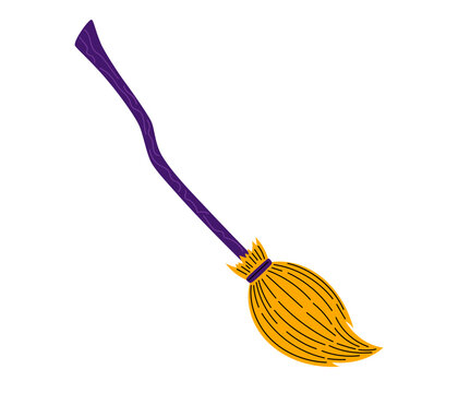 Purple witch broomstick with golden straw bristles on white background. Flat vector illustration