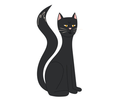 Black halloween cat sitting with curled tail and yellow eyes on white background. Flat vector illustration