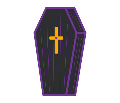 Dark coffin with purple outline and golden cross with heart on white background. Flat vector illustration