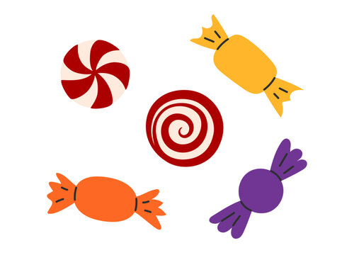 Set of five colorful wrapped halloween candies and peppermint swirls on white background. Flat vector illustration