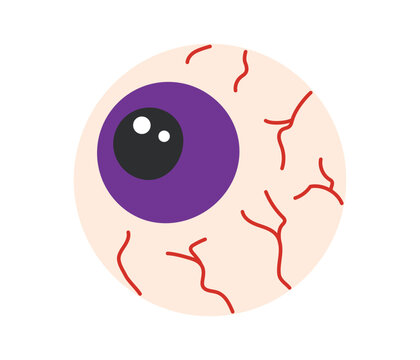 Bloodshot halloween eyeball with purple iris and black pupil on white background. Flat vector illustration