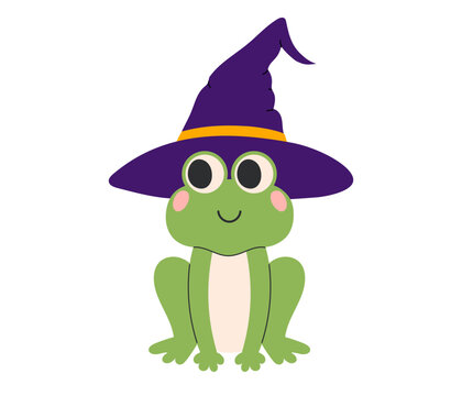 Cute green halloween frog wearing purple witch hat on white background. Flat vector illustration
