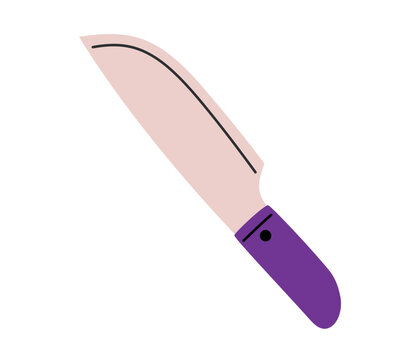 Sharp halloween knife with purple handle and curved blade on white background. Flat vector illustration
